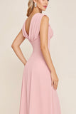 Candy Pink Chiffon Cowl Neck Long Bridesmaid Dress with Slit