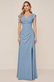 Candy Pink Chiffon Cowl Neck Long Bridesmaid Dress with Slit