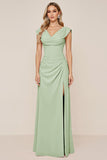 Candy Pink Chiffon Cowl Neck Long Bridesmaid Dress with Slit
