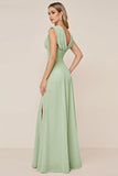 Candy Pink Chiffon Cowl Neck Long Bridesmaid Dress with Slit
