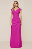 Candy Pink Chiffon Cowl Neck Long Bridesmaid Dress with Slit