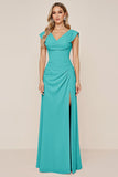 Candy Pink Chiffon Cowl Neck Long Bridesmaid Dress with Slit