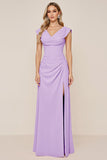 Candy Pink Chiffon Cowl Neck Long Bridesmaid Dress with Slit