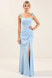 Sky Blue Sheath Ruched Chiffon Bridesmaid Dress with Slit
