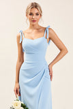 Sky Blue Sheath Ruched Chiffon Bridesmaid Dress with Slit