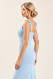 Sky Blue Sheath Ruched Chiffon Bridesmaid Dress with Slit