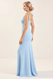 Sky Blue Sheath Ruched Chiffon Bridesmaid Dress with Slit