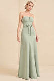 Sage Strapless A Line Chiffon Long Bridesmaid Dress