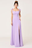 Lilac A Line Long Chiffon Bridesmaid Dress with Slit