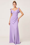 Lilac Chiffon Ruched V-Neck Long Bridesmaid Dress with Slit