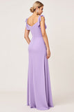 Lilac Chiffon Ruched V-Neck Long Bridesmaid Dress with Slit