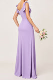 Lilac Chiffon Ruched V-Neck Long Bridesmaid Dress with Slit
