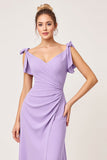 Lilac Chiffon Ruched V-Neck Long Bridesmaid Dress with Slit