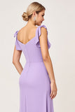 Lilac Chiffon Ruched V-Neck Long Bridesmaid Dress with Slit