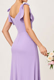Lilac Chiffon Ruched V-Neck Long Bridesmaid Dress with Slit