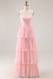 Candy Pink Spaghetti Straps A Line Ruffled Long Bridesmaid Dress