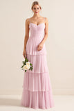 Candy Pink Spaghetti Straps A Line Ruffled Long Bridesmaid Dress