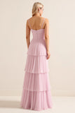 Candy Pink Spaghetti Straps A Line Ruffled Long Bridesmaid Dress