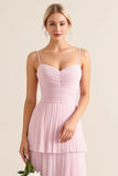 Candy Pink Spaghetti Straps A Line Ruffled Long Bridesmaid Dress