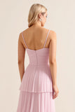 Candy Pink Spaghetti Straps A Line Ruffled Long Bridesmaid Dress