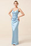 Sky Blue Satin Ruched Sheath Long Bridesmaid Dress