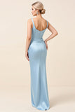 Sky Blue Satin Ruched Sheath Long Bridesmaid Dress