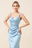 Sky Blue Satin Ruched Sheath Long Bridesmaid Dress