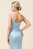 Sky Blue Satin Ruched Sheath Long Bridesmaid Dress