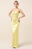 Sky Blue Satin Ruched Sheath Long Bridesmaid Dress