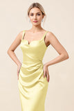 Sky Blue Satin Ruched Sheath Long Bridesmaid Dress