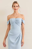 Sky Blue Off The Shoulder Chiffon Long Bridesmaid Dress