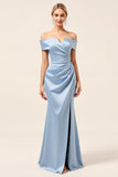 Sky Blue Off The Shoulder Satin Ruched Long Bridesmaid Dress with Slit
