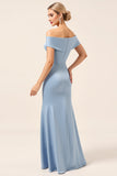 Sky Blue Off The Shoulder Satin Ruched Long Bridesmaid Dress with Slit