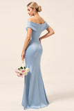 Sky Blue Off The Shoulder Satin Ruched Long Bridesmaid Dress with Slit