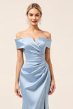 Sky Blue Off The Shoulder Satin Ruched Long Bridesmaid Dress with Slit