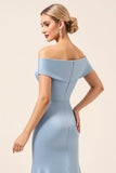 Sky Blue Off The Shoulder Satin Ruched Long Bridesmaid Dress with Slit