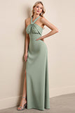 Matcha Chiffon Halter Neck Long Bridesmaid Dress with Slit