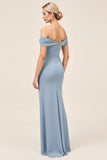 Chiffon Dusty Blue Ruched Off The Shoulder Long Bridesmaid Dress with Slit