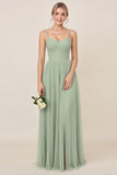 A Line Chiffon Matcha Long Bridesmaid Dress