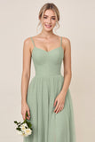 A Line Chiffon Matcha Long Bridesmaid Dress