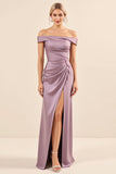 Vintage Mauve Sheath Off the Shoulder Satin Ruched Long Bridesmaid Dress