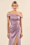 Vintage Mauve Sheath Off the Shoulder Satin Ruched Long Bridesmaid Dress
