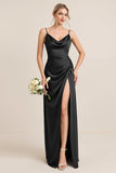 Olive Sheath Satin Maxi Bridesmaid Dress with Slit