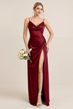 Olive Sheath Satin Maxi Bridesmaid Dress with Slit