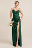 Olive Sheath Satin Maxi Bridesmaid Dress with Slit