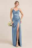 Olive Sheath Satin Maxi Bridesmaid Dress with Slit