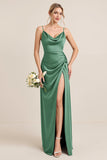 Olive Sheath Satin Maxi Bridesmaid Dress with Slit