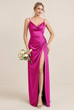 Olive Sheath Satin Maxi Bridesmaid Dress with Slit