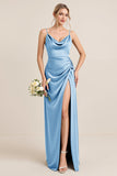 Olive Sheath Satin Maxi Bridesmaid Dress with Slit