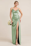 Olive Sheath Satin Maxi Bridesmaid Dress with Slit